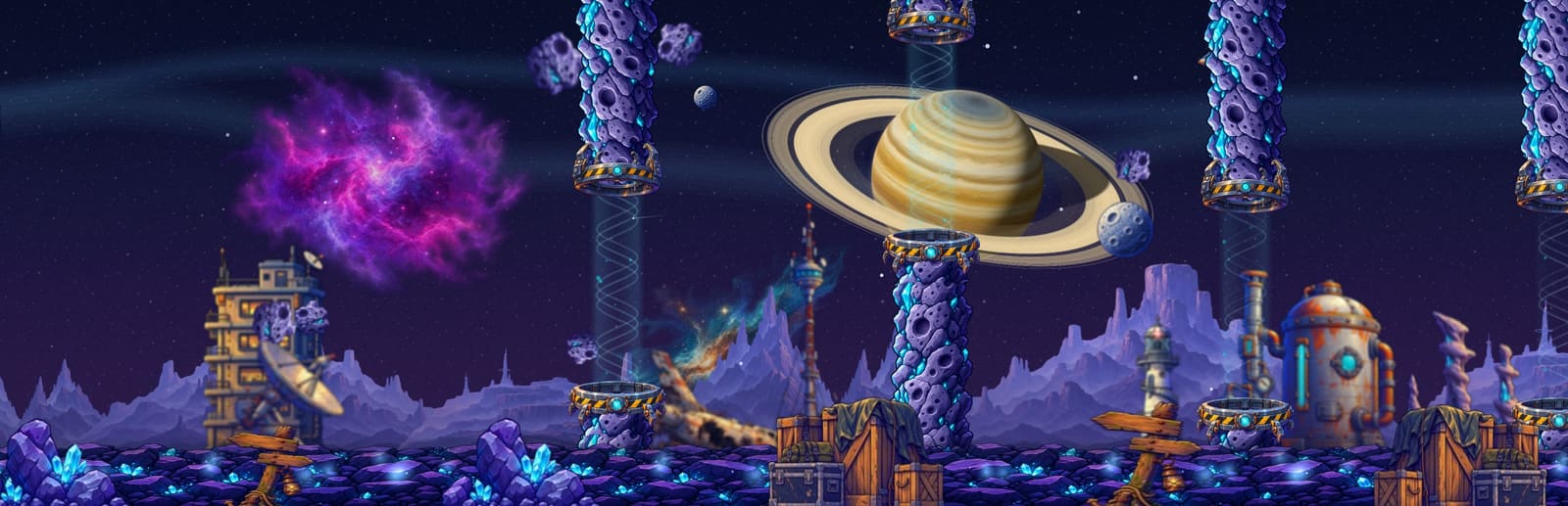Flappy Spaceship: ein Ringplanet über einem Feld aus Asteroidentoren