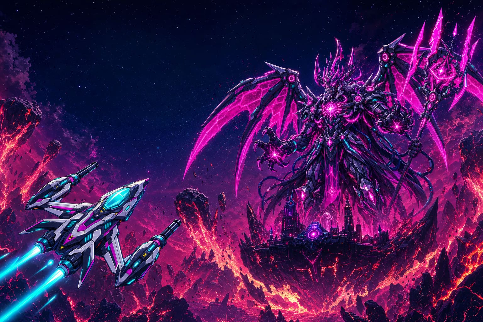 Hell of Stars Key Art: zwei Sternenjäger stehen dem Cyber-Dämonenkönig Malachar gegenüber
